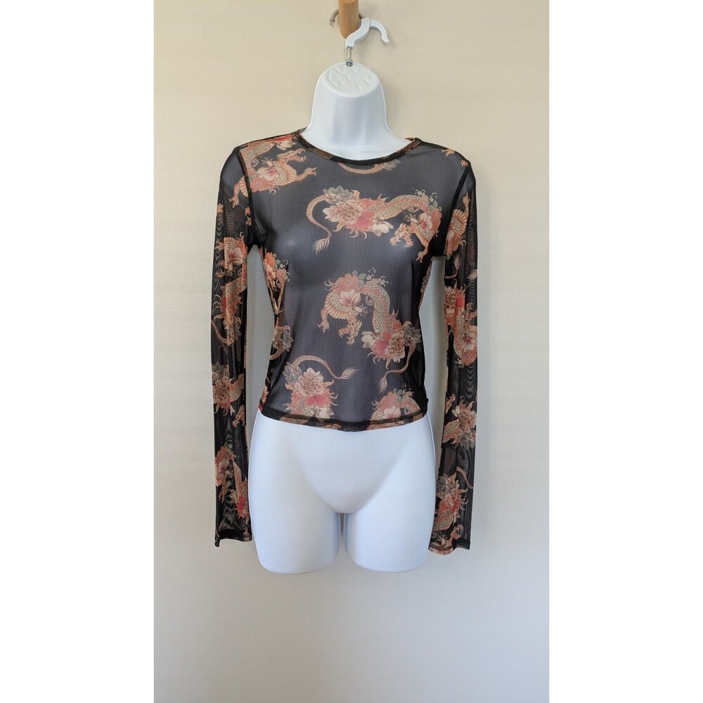 Urban Outfitters Mesh Shirt Womens S Black Sheer Y2K Dragon Floral Asian Crop